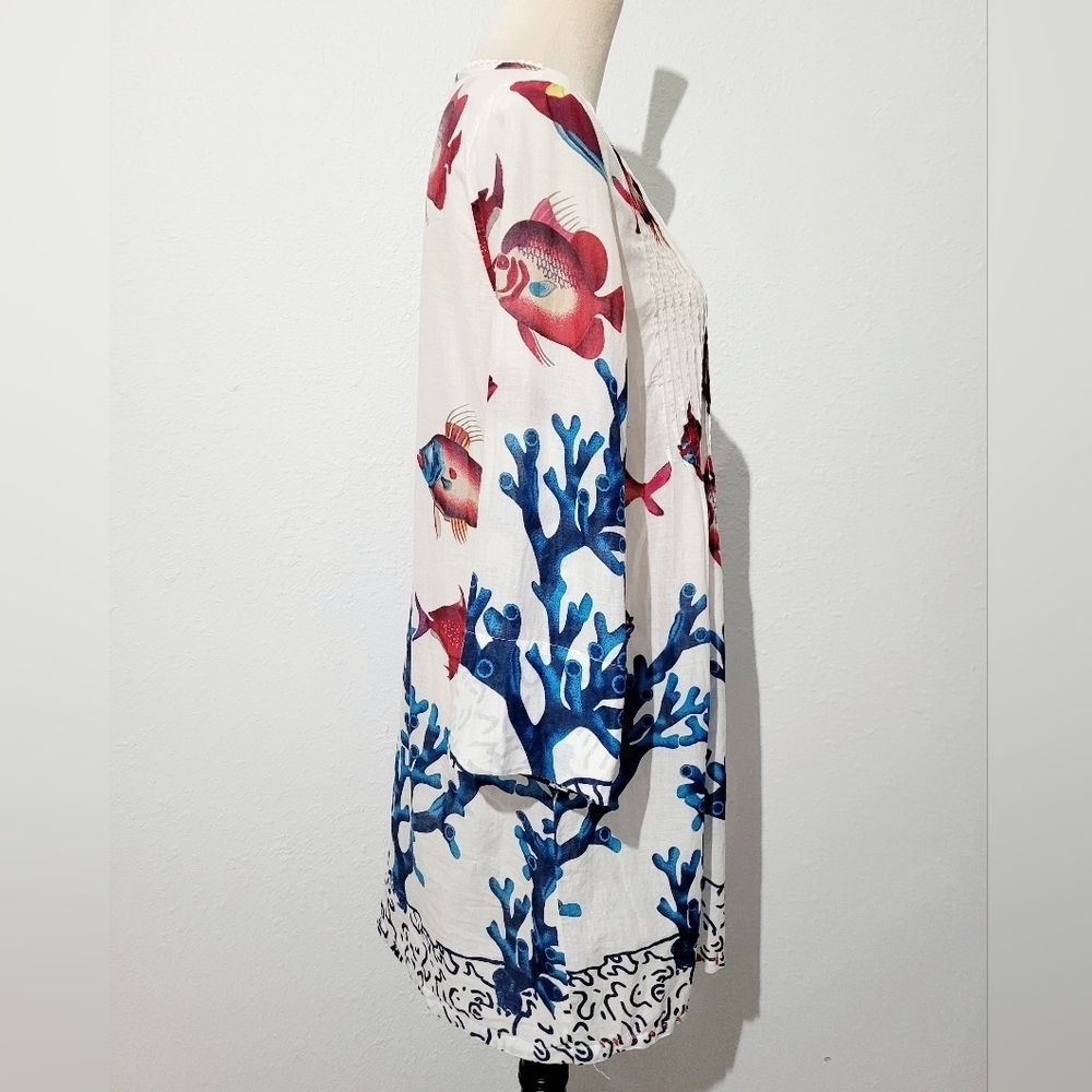Soft Surroundings Oversized XS 100% Cotton Tunic Blouse Fish Coral Print Woman - Picture 6 of 13